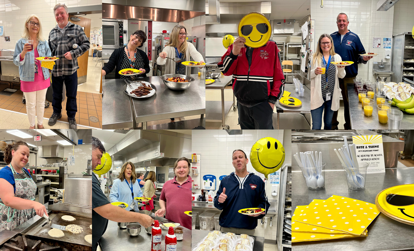 Collage of teachers enjoying pancakes cooked by Chef Jenn along with all the trimming provided by Academy Office Staff